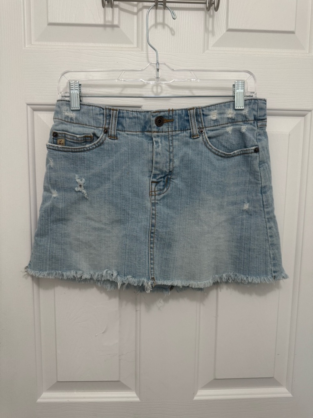 refuge Light Blue Frayed Hem Denim Mini Skirt